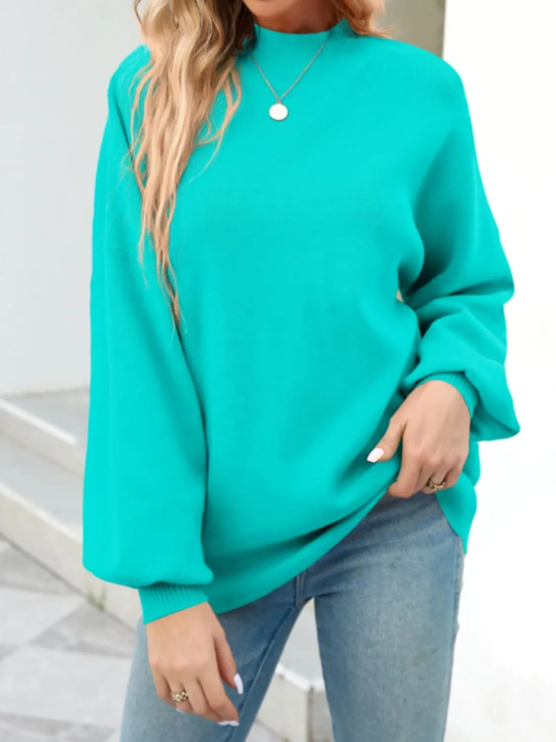 Women's 2024 Fall Fashion Mock Neck Long Lantern Sleeve Oversized Sweaters Loose Knit Pullover Sweater Tops