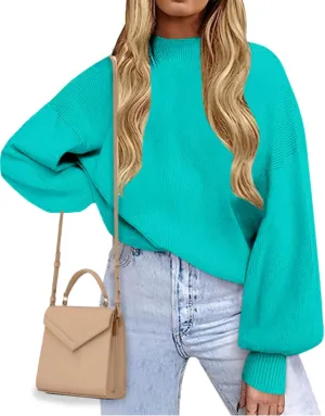 Women's 2024 Fall Fashion Mock Neck Long Lantern Sleeve Oversized Sweaters Loose Knit Pullover Sweater Tops