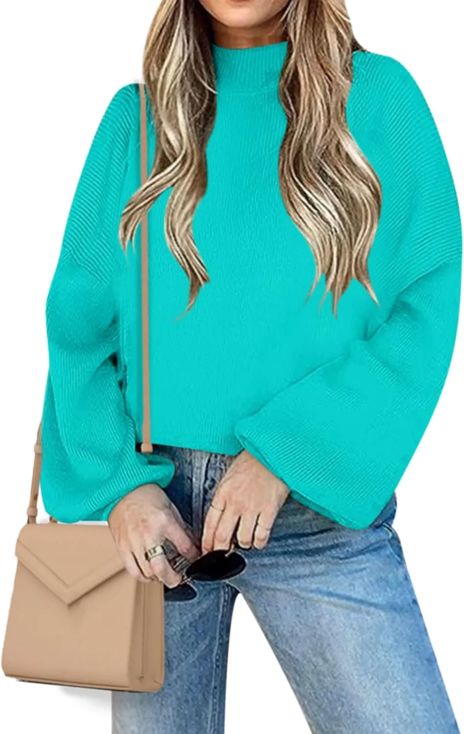 Women's 2024 Fall Fashion Mock Neck Long Lantern Sleeve Oversized Sweaters Loose Knit Pullover Sweater Tops