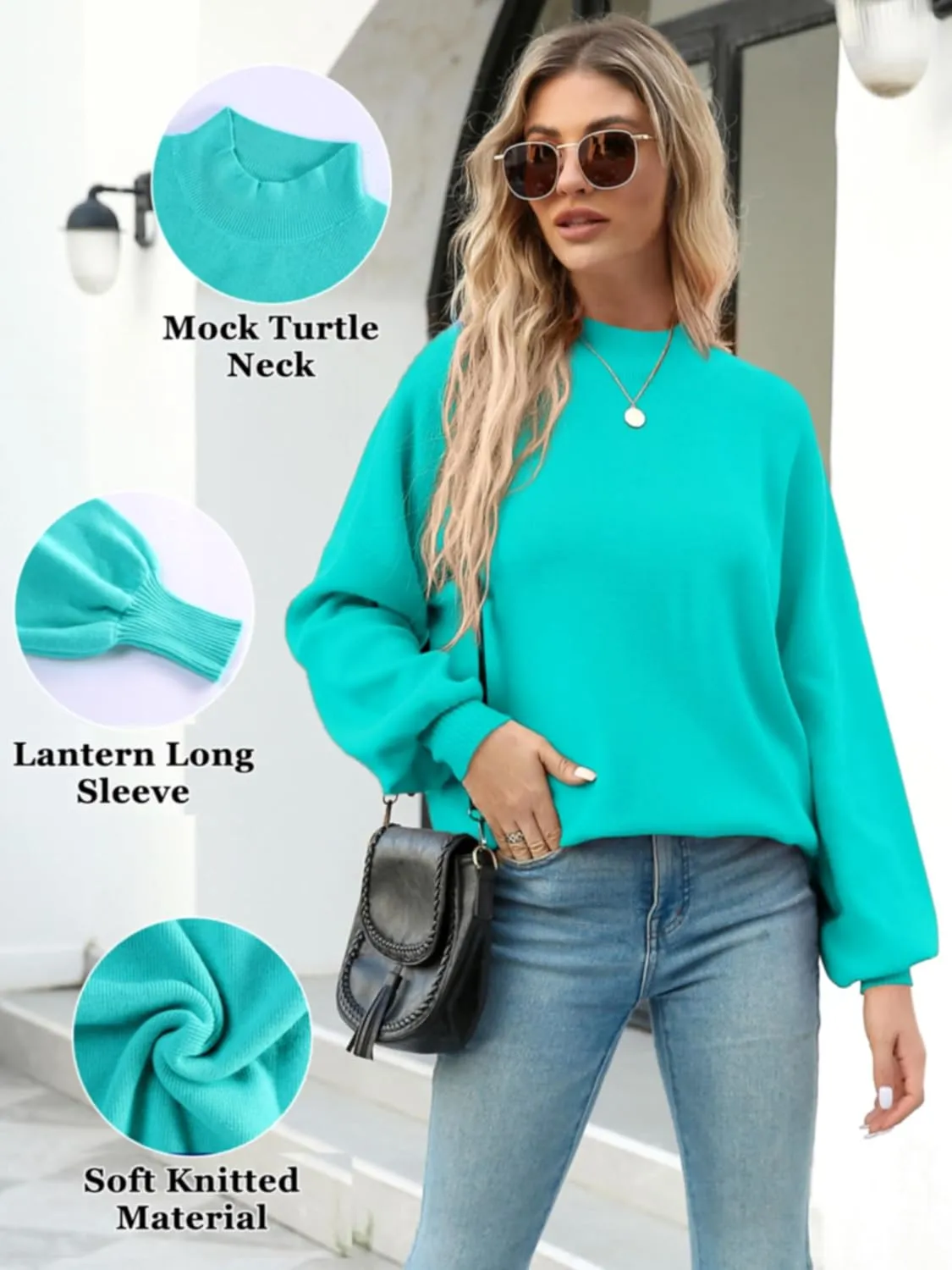Women's 2024 Fall Fashion Mock Neck Long Lantern Sleeve Oversized Sweaters Loose Knit Pullover Sweater Tops