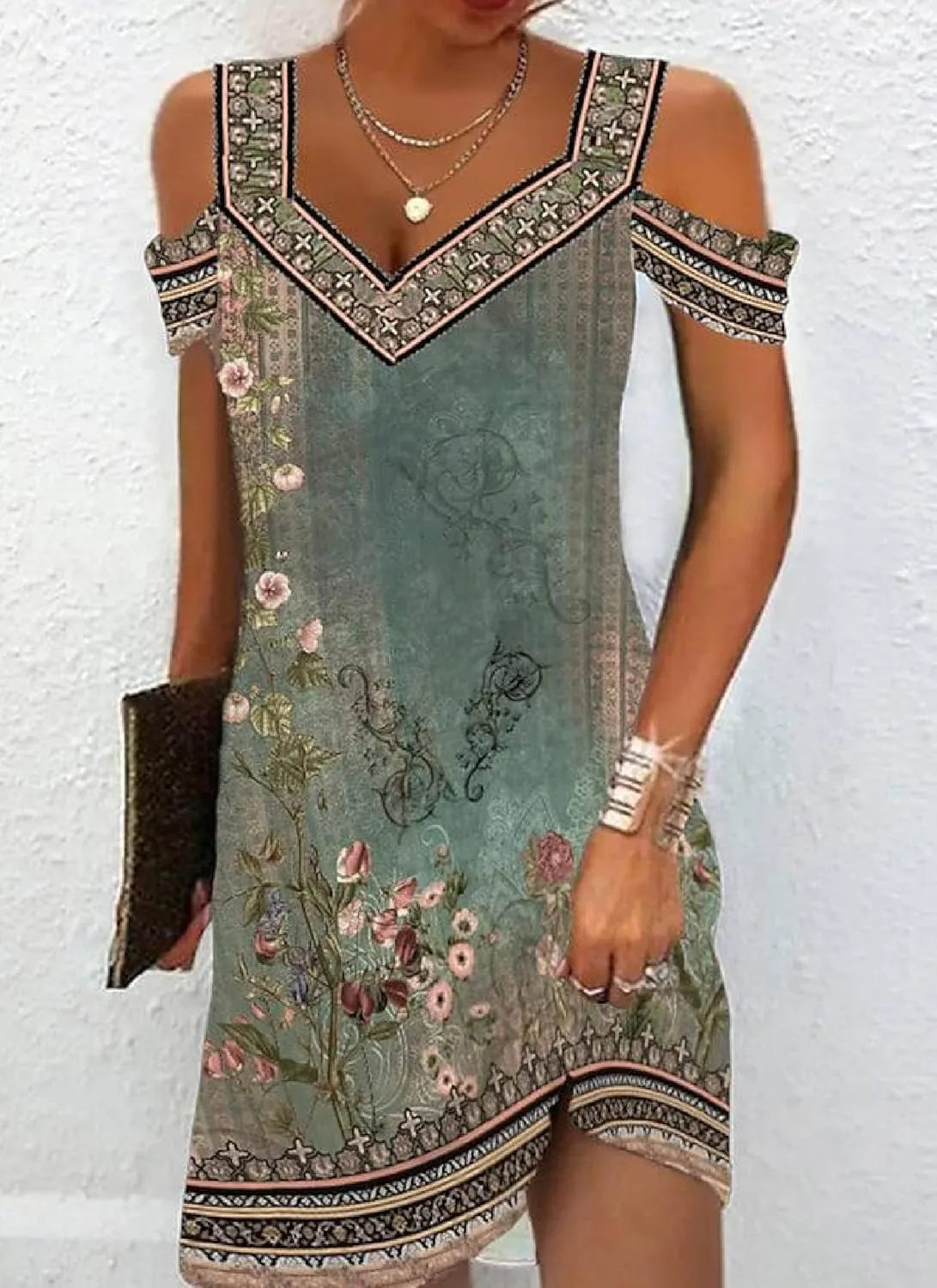 Women's 2025 Summer Boho Floral Cold Shoulder Green Mini Dress Casual Cozy Shift Beach Vacation Sundress