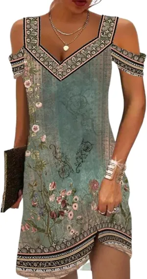 Women's 2025 Summer Boho Floral Cold Shoulder Green Mini Dress Casual Cozy Shift Beach Vacation Sundress
