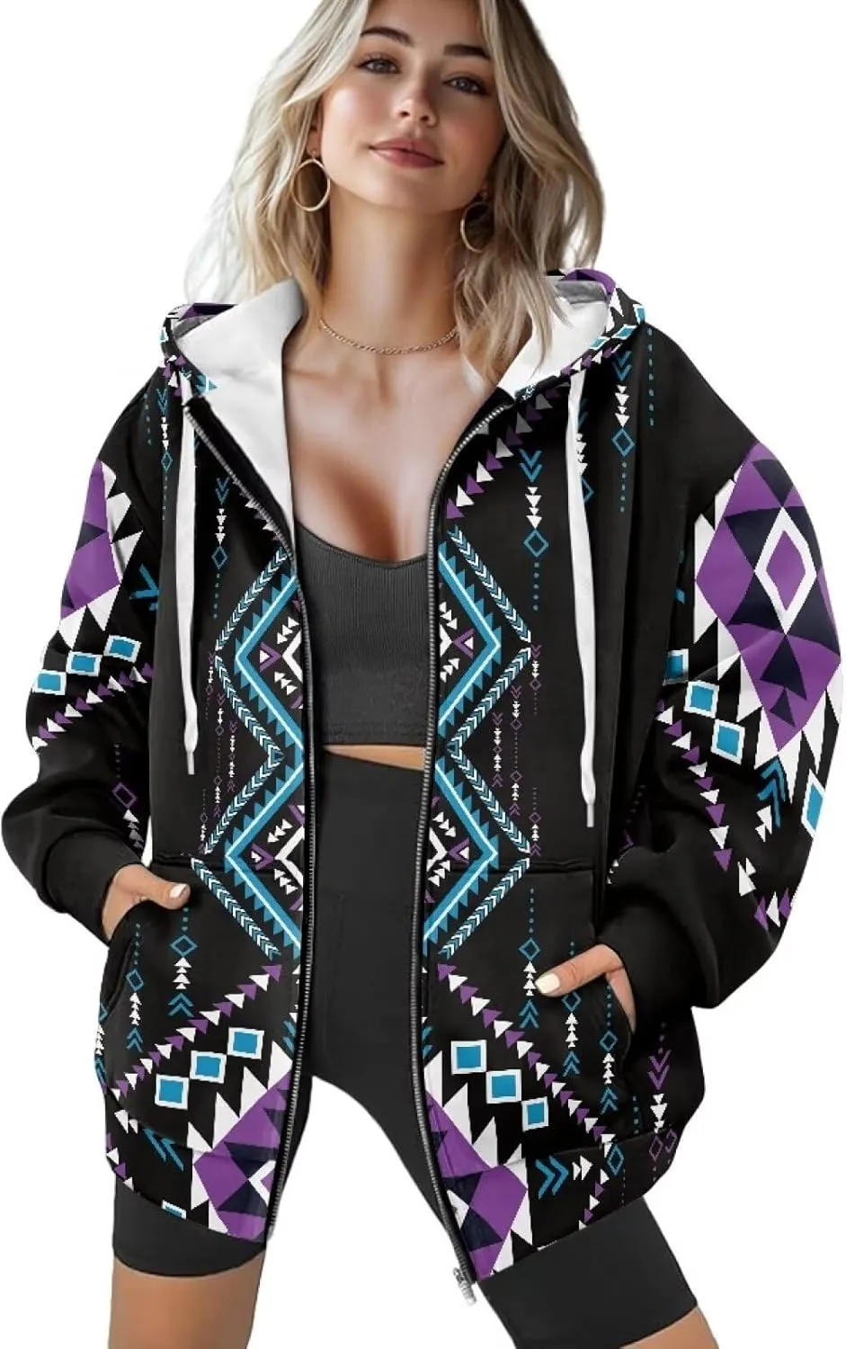 Women's Aztec Print Hoodies Casual Long Sleeve Zip Up Ethnic Western Drawstring Hooded Sweatshirts with Pockets