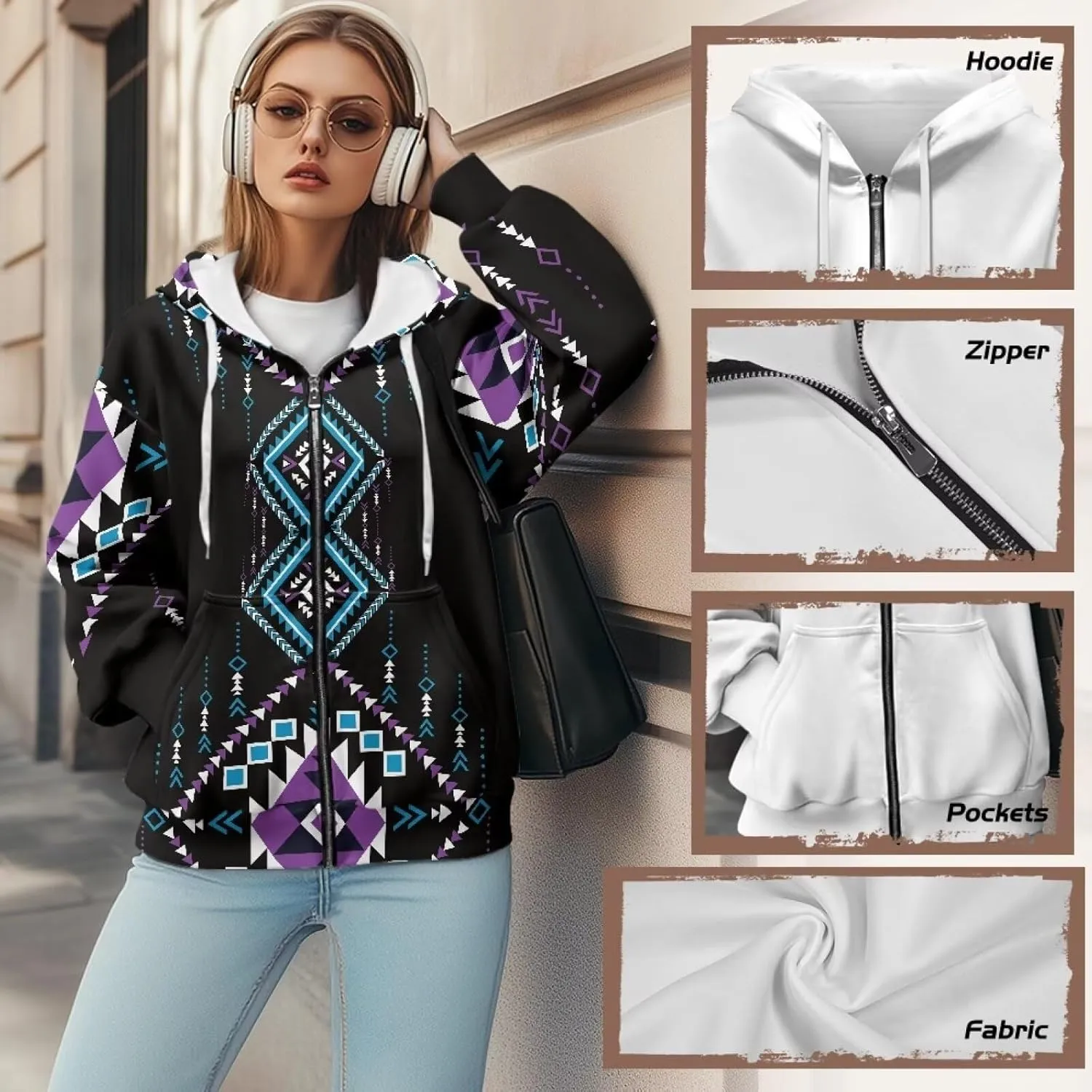 Women's Aztec Print Hoodies Casual Long Sleeve Zip Up Ethnic Western Drawstring Hooded Sweatshirts with Pockets