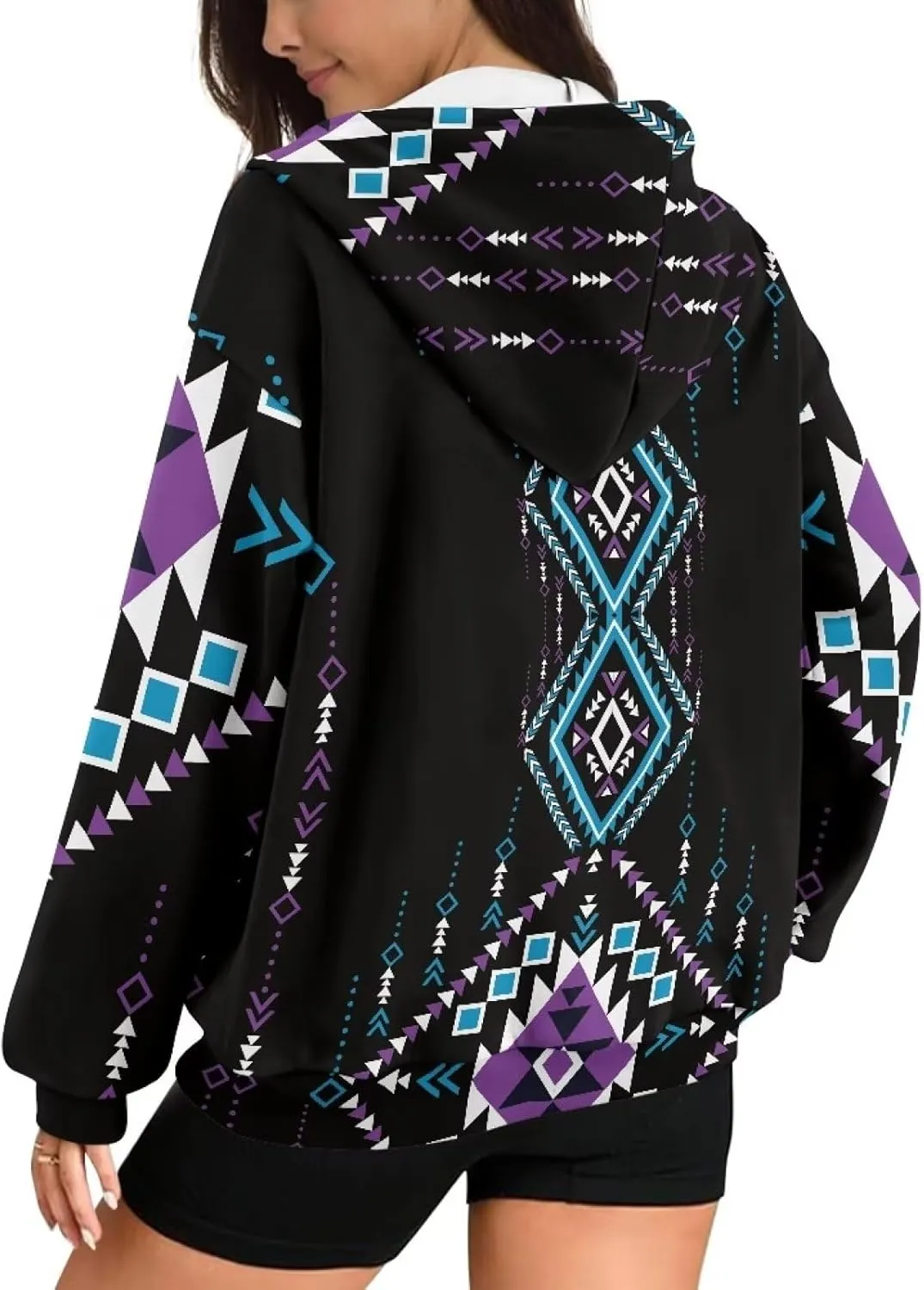 Women's Aztec Print Hoodies Casual Long Sleeve Zip Up Ethnic Western Drawstring Hooded Sweatshirts with Pockets