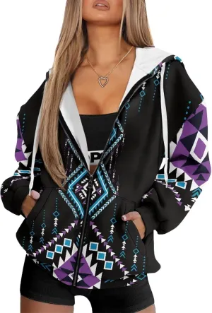 Women's Aztec Print Hoodies Casual Long Sleeve Zip Up Ethnic Western Drawstring Hooded Sweatshirts with Pockets