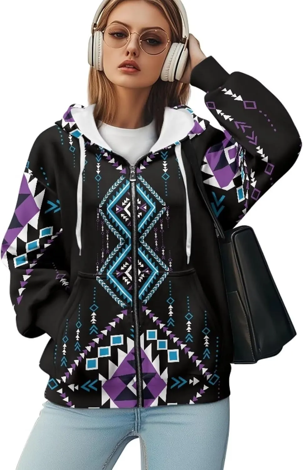 Women's Aztec Print Hoodies Casual Long Sleeve Zip Up Ethnic Western Drawstring Hooded Sweatshirts with Pockets