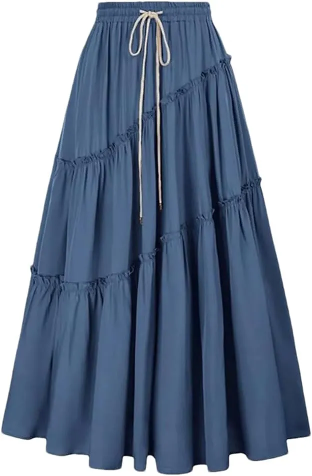 Women's Bohemian Style Skirts High Waist Pleated A Line Long Skirt with Drawstring Large Swing Folded Half Skirt