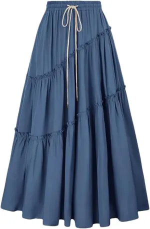 Women's Bohemian Style Skirts High Waist Pleated A Line Long Skirt with Drawstring Large Swing Folded Half Skirt