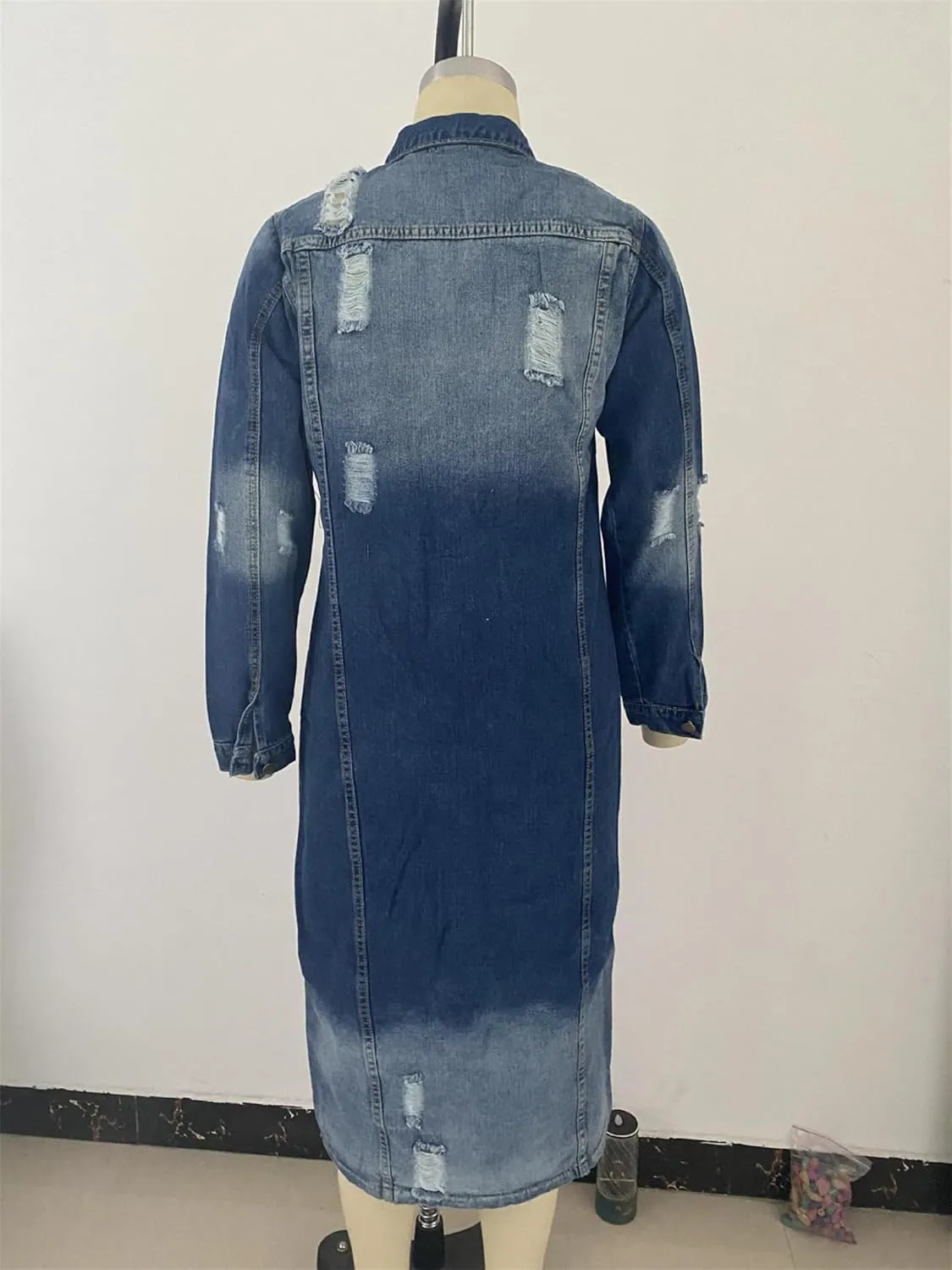 Women's Button Down Ripped Denim Jacket Distressed Hole Over Knee Midi Trench Coat Destroyed Long Jean Jacket