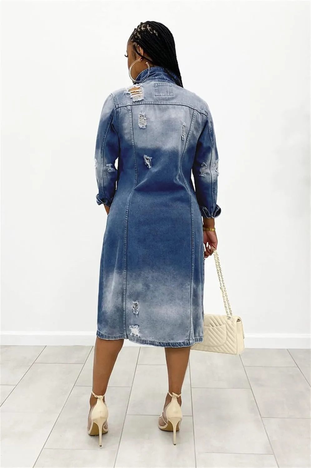 Women's Button Down Ripped Denim Jacket Distressed Hole Over Knee Midi Trench Coat Destroyed Long Jean Jacket