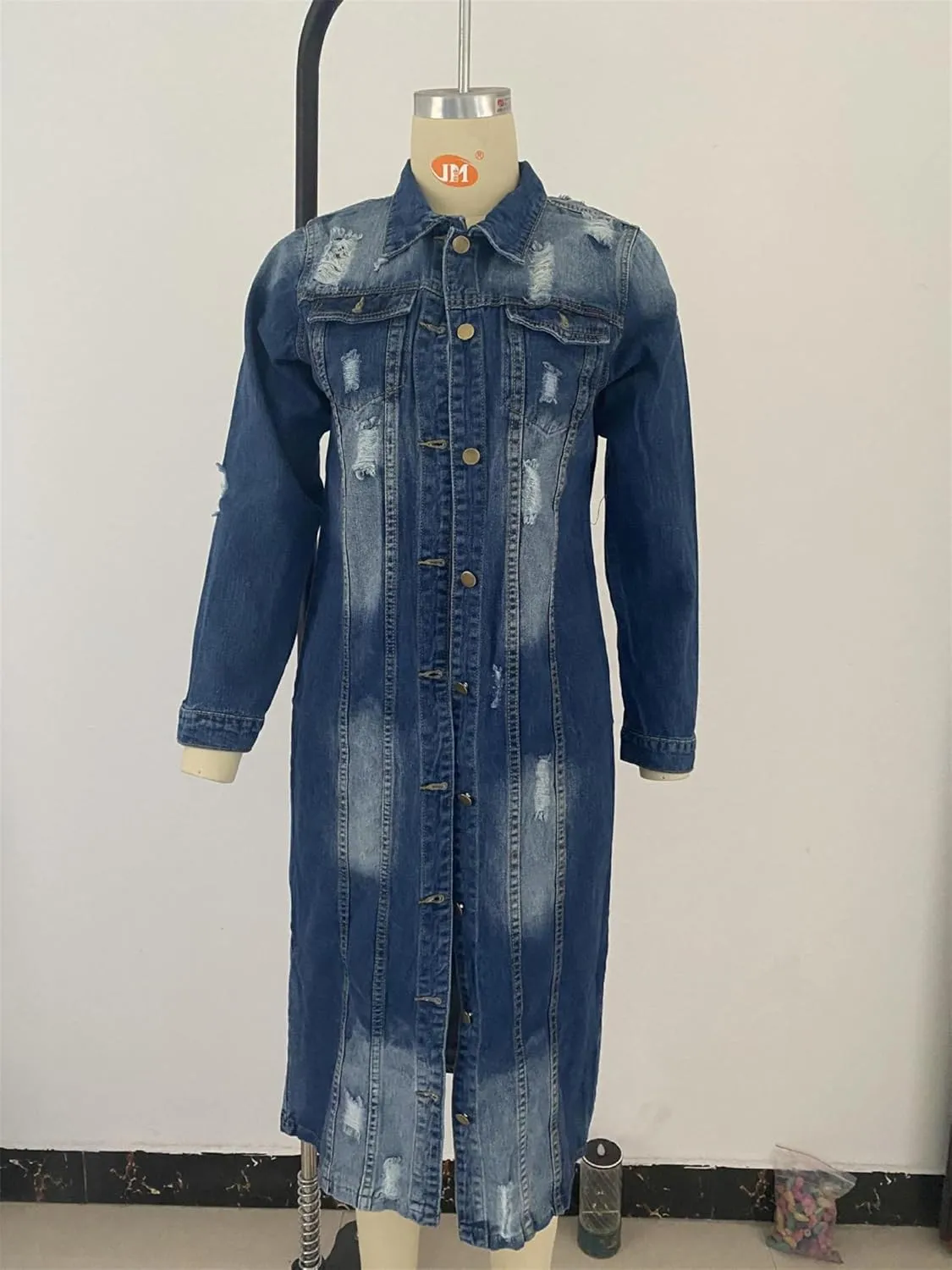 Women's Button Down Ripped Denim Jacket Distressed Hole Over Knee Midi Trench Coat Destroyed Long Jean Jacket