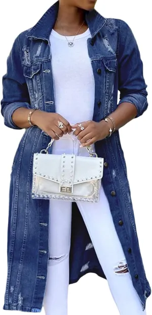 Women's Button Down Ripped Denim Jacket Distressed Hole Over Knee Midi Trench Coat Destroyed Long Jean Jacket
