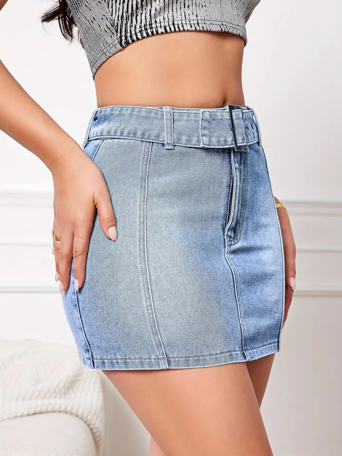 Women's Causal High Waisted Jean Skirt Slim Fit Denim Mini Short Skirt with Belt