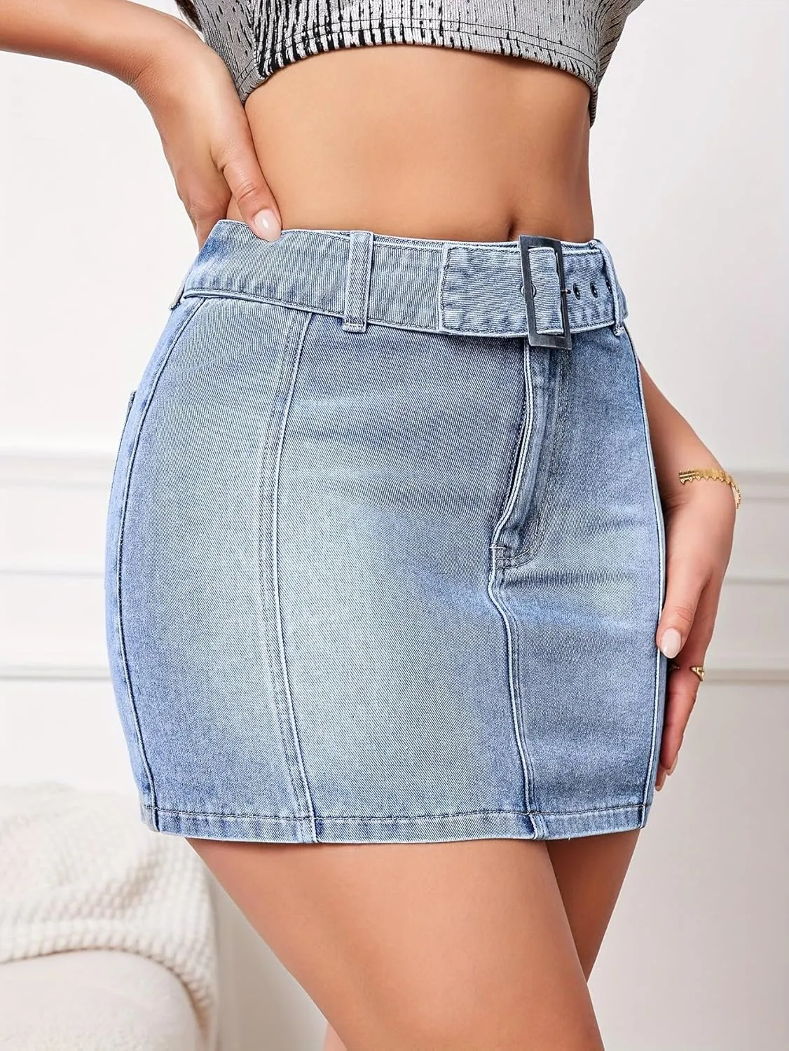 Women's Causal High Waisted Jean Skirt Slim Fit Denim Mini Short Skirt with Belt
