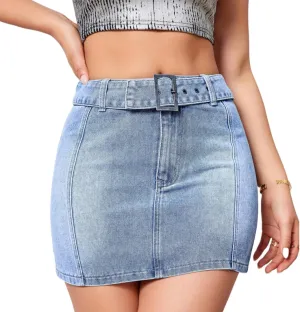 Women's Causal High Waisted Jean Skirt Slim Fit Denim Mini Short Skirt with Belt