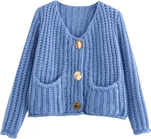 Womens Chunky Knit Cardigan Sweaters Long Sleeve Open Front Button Kitted Fall Jackets Coats