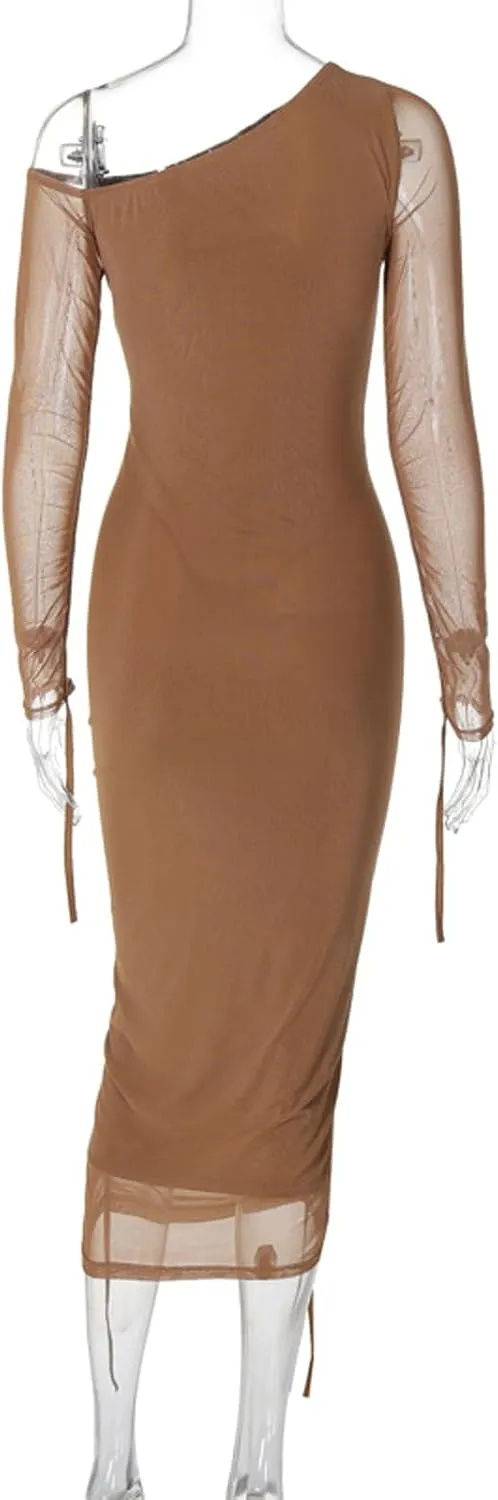Women's Cocktail Bodycon Long Sleeve Off Shoulder Mesh Ruched Midi Party Dress