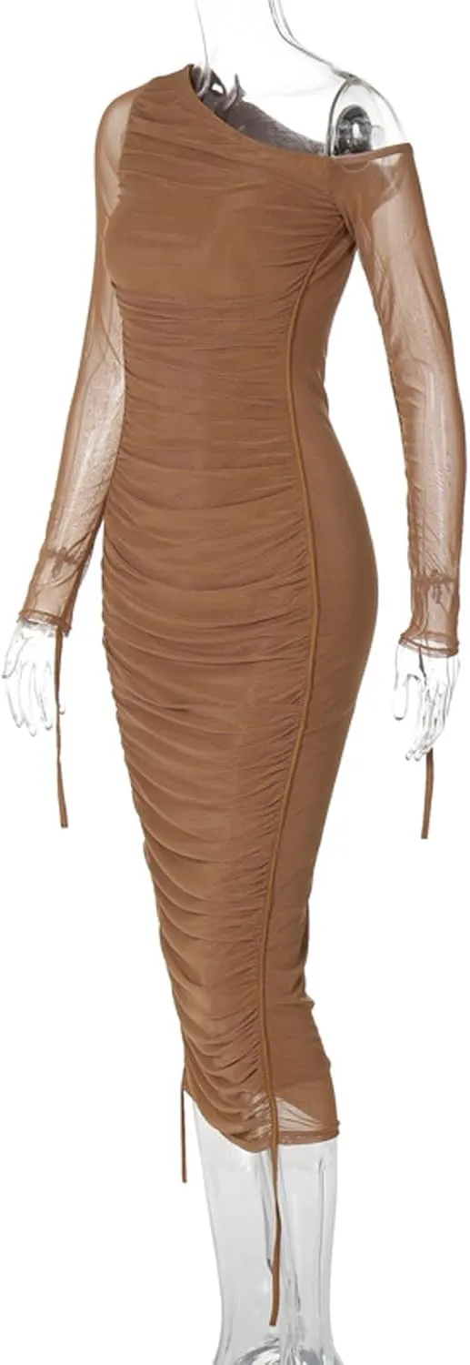 Women's Cocktail Bodycon Long Sleeve Off Shoulder Mesh Ruched Midi Party Dress