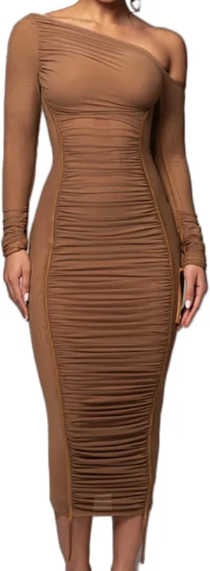 Women's Cocktail Bodycon Long Sleeve Off Shoulder Mesh Ruched Midi Party Dress