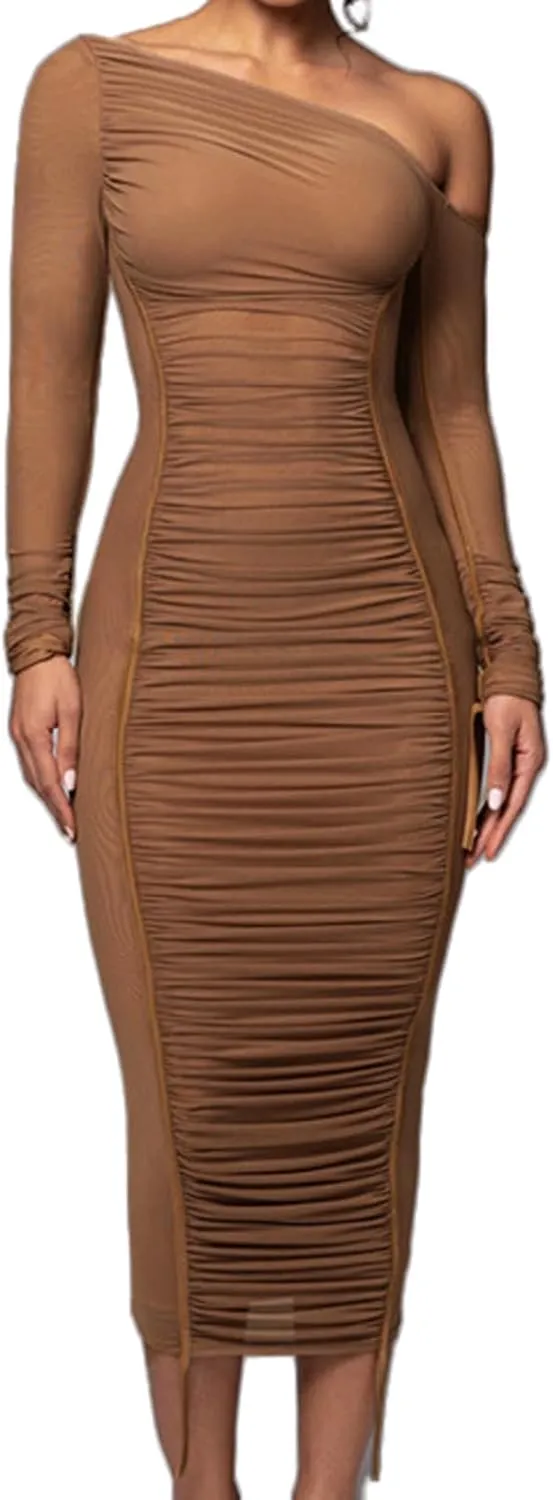 Women's Cocktail Bodycon Long Sleeve Off Shoulder Mesh Ruched Midi Party Dress