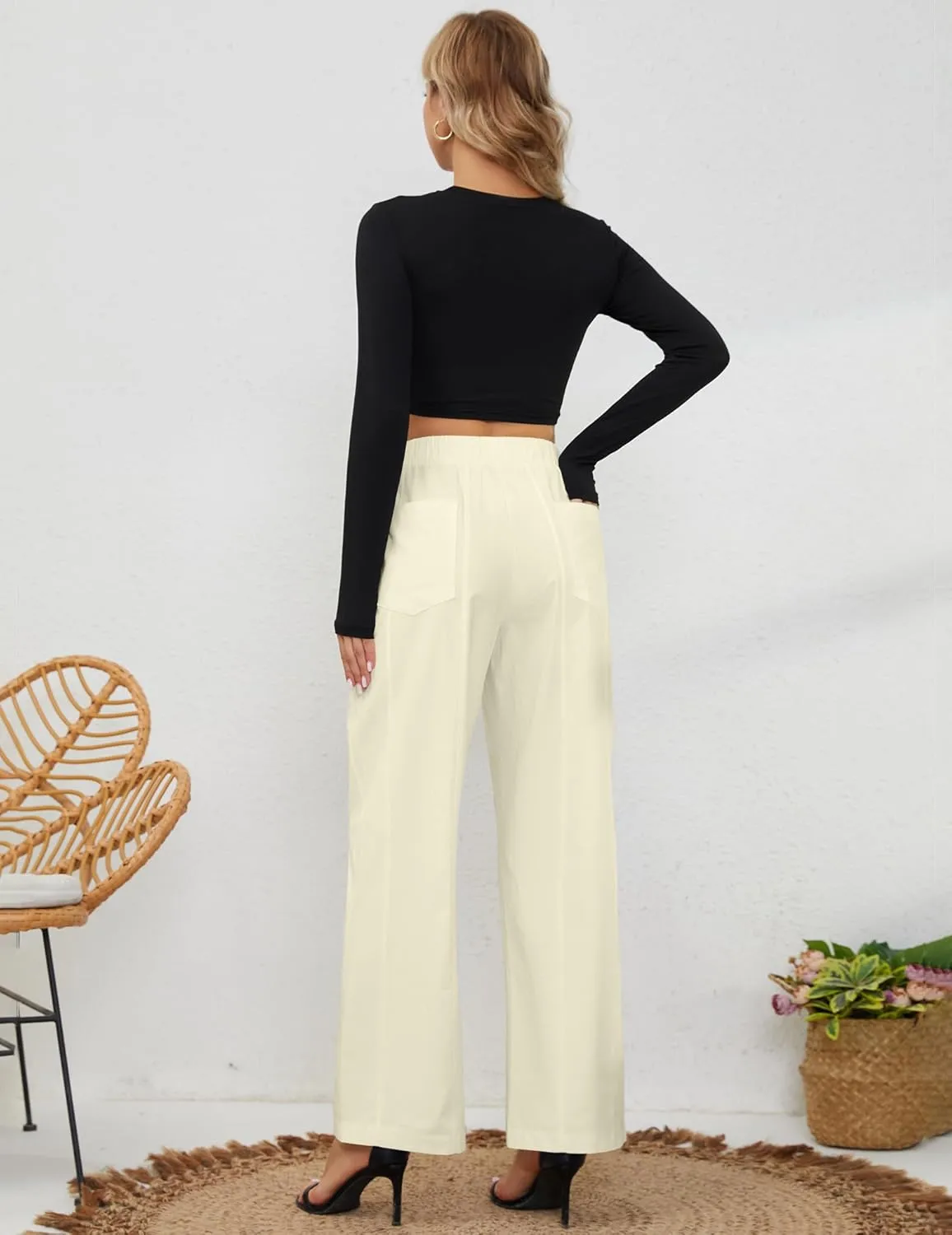 Womens Elastic High Waist Pants Straight Long Trousers Pockets Comfy Cotton Palazzo Work Business Casual