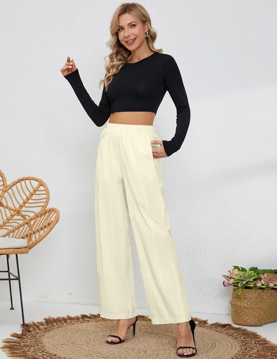 Womens Elastic High Waist Pants Straight Long Trousers Pockets Comfy Cotton Palazzo Work Business Casual