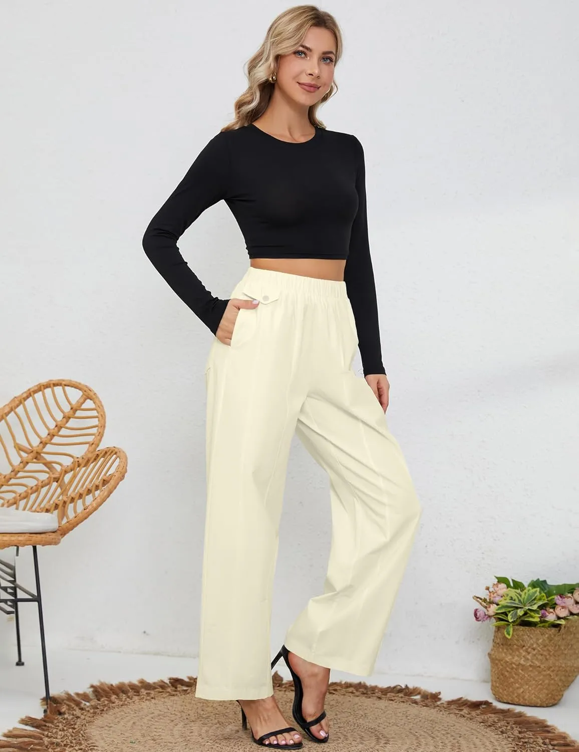 Womens Elastic High Waist Pants Straight Long Trousers Pockets Comfy Cotton Palazzo Work Business Casual