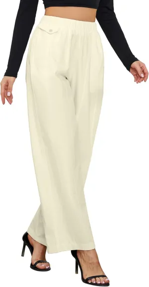 Womens Elastic High Waist Pants Straight Long Trousers Pockets Comfy Cotton Palazzo Work Business Casual