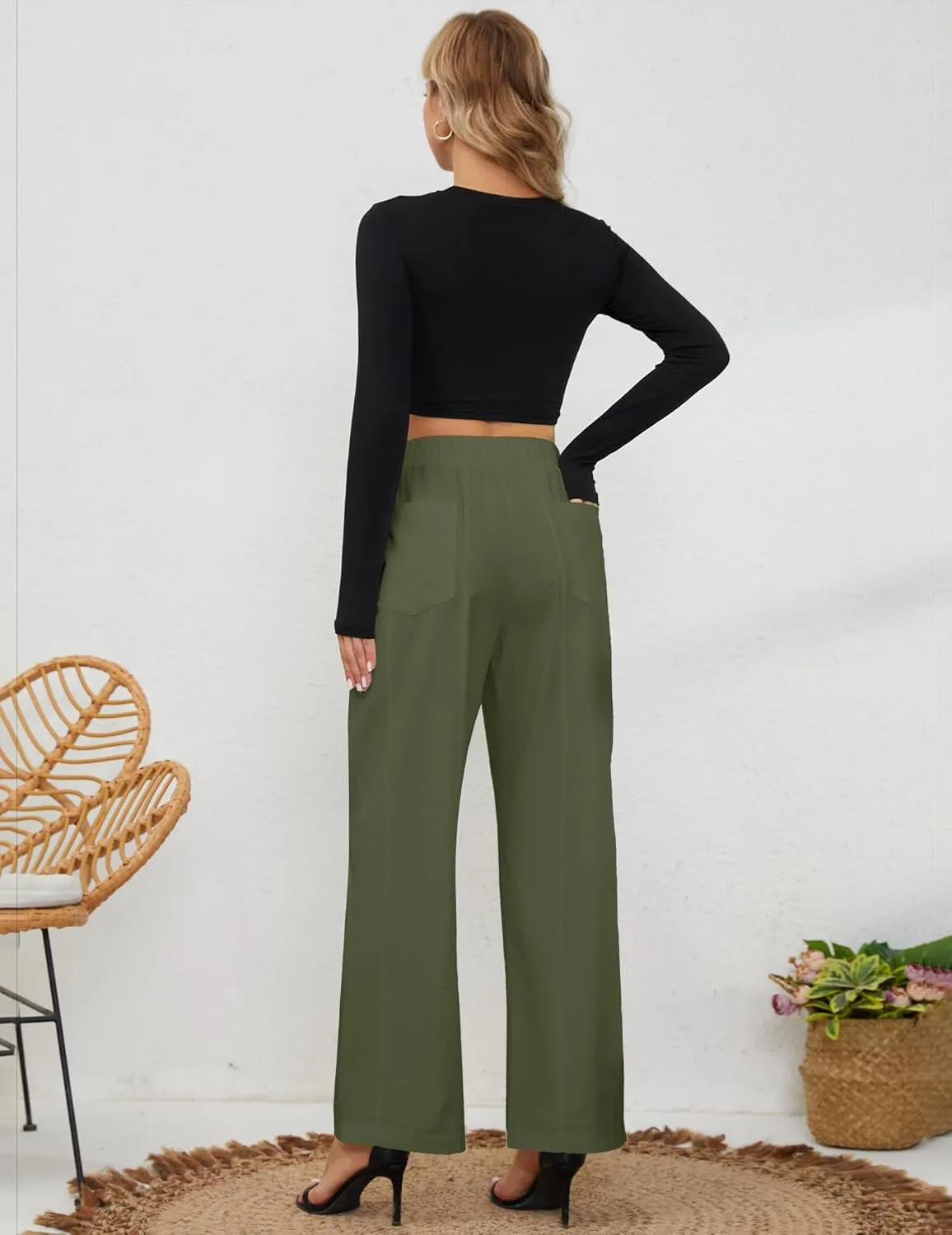 Womens Elastic High Waist Pants Straight Long Trousers Pockets Comfy Cotton Palazzo Work Business Casual