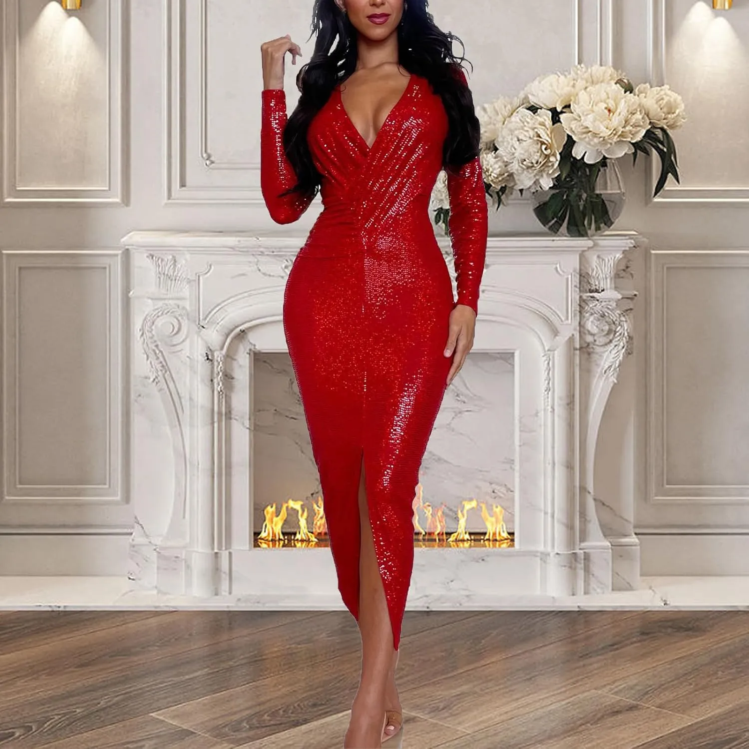 Women's Elegant Long Sleeve Sparkly Sequin Bodycon Midi Dresses Sexy Deep V Neck Ruched Cocktail Party Wrap Dress