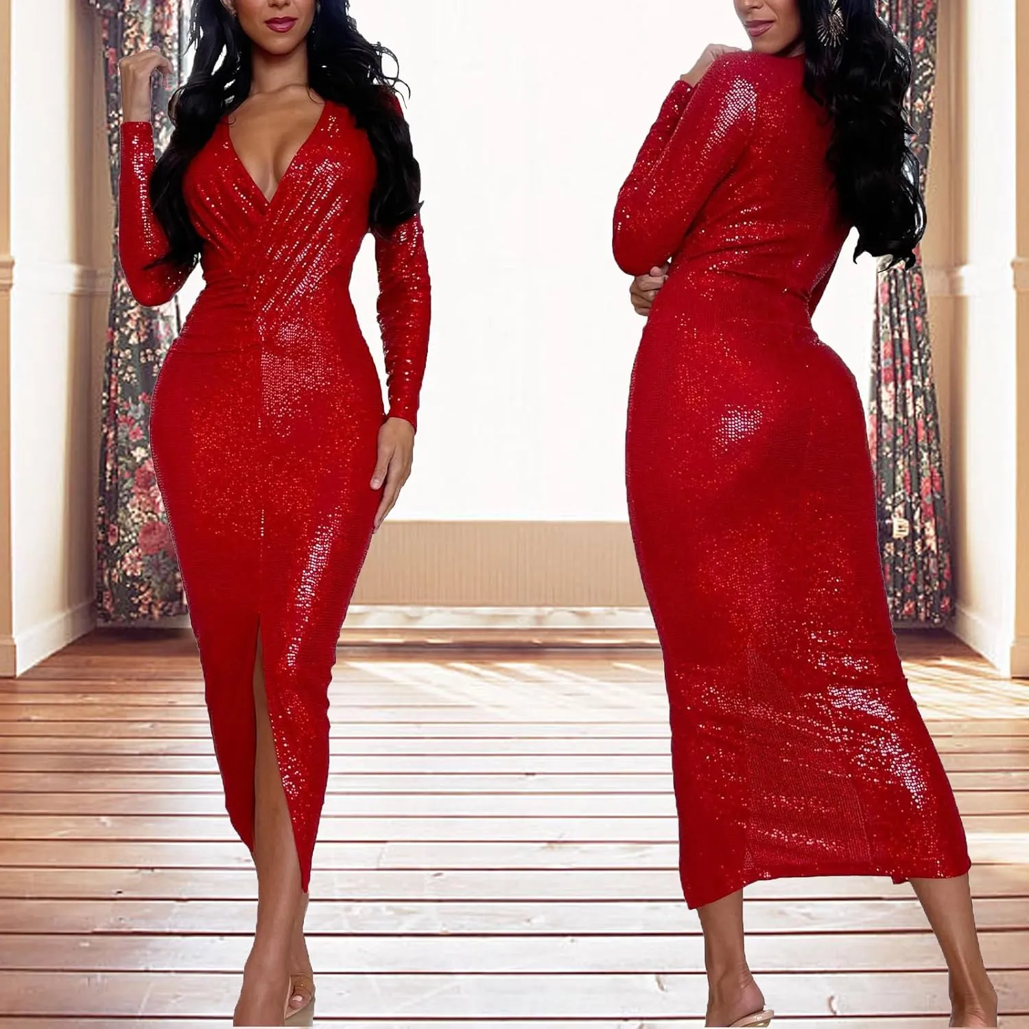 Women's Elegant Long Sleeve Sparkly Sequin Bodycon Midi Dresses Sexy Deep V Neck Ruched Cocktail Party Wrap Dress
