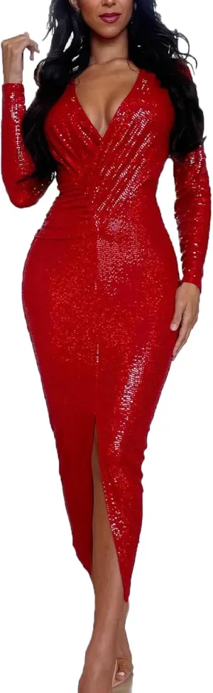 Women's Elegant Long Sleeve Sparkly Sequin Bodycon Midi Dresses Sexy Deep V Neck Ruched Cocktail Party Wrap Dress