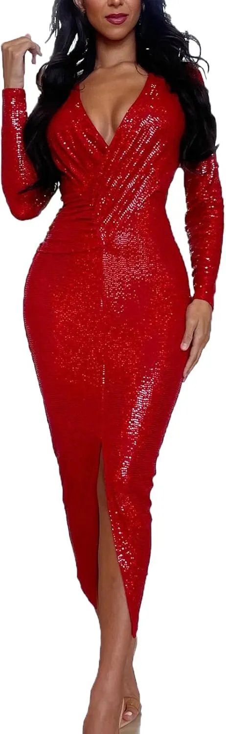 Women's Elegant Long Sleeve Sparkly Sequin Bodycon Midi Dresses Sexy Deep V Neck Ruched Cocktail Party Wrap Dress