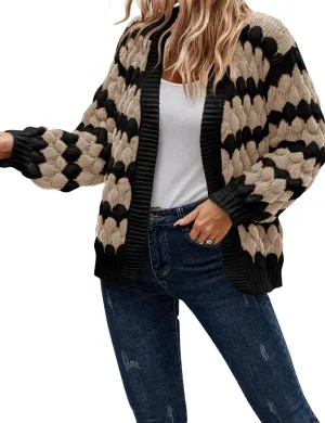 Women's Fall Long Lantern Sleeve Open Front Cardigan Striped Color Block Chunky Knit Sweater Coats Outwear