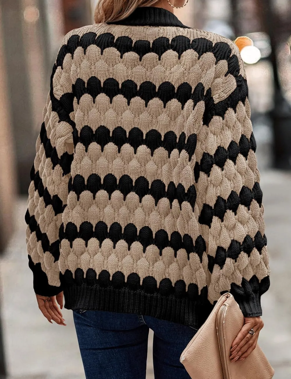 Women's Fall Long Lantern Sleeve Open Front Cardigan Striped Color Block Chunky Knit Sweater Coats Outwear