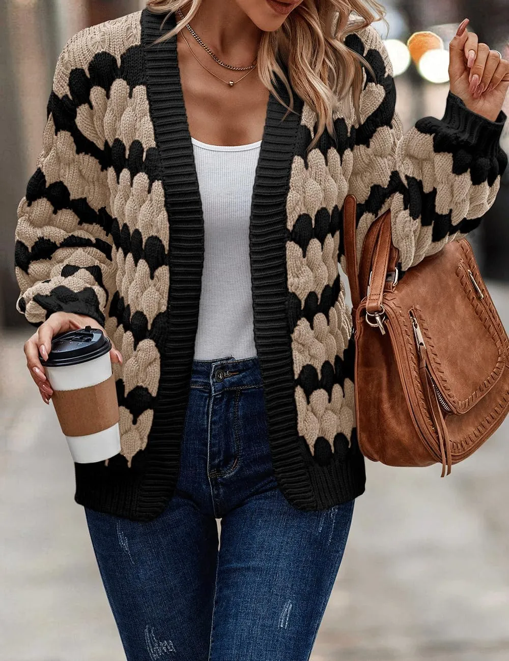 Women's Fall Long Lantern Sleeve Open Front Cardigan Striped Color Block Chunky Knit Sweater Coats Outwear