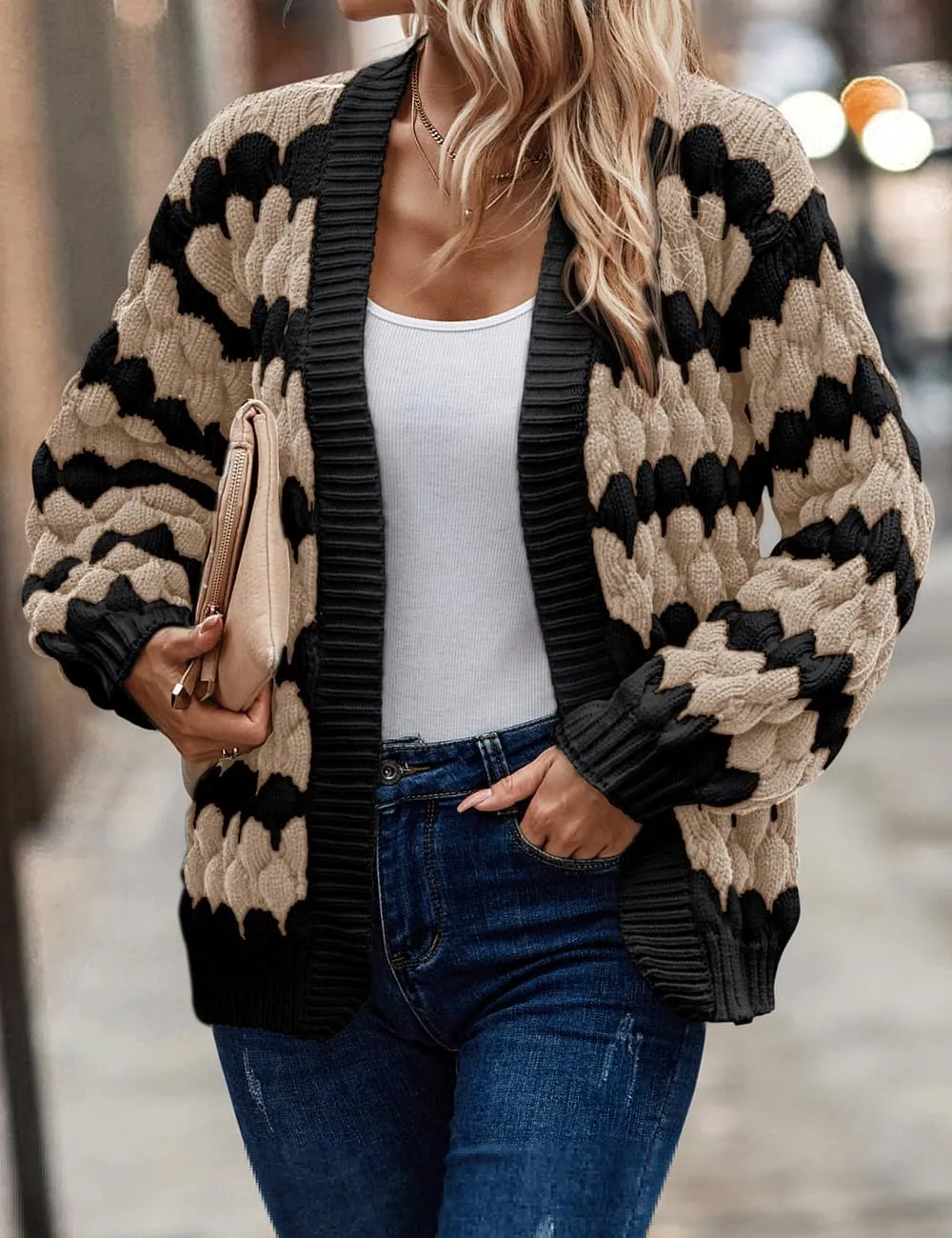 Women's Fall Long Lantern Sleeve Open Front Cardigan Striped Color Block Chunky Knit Sweater Coats Outwear