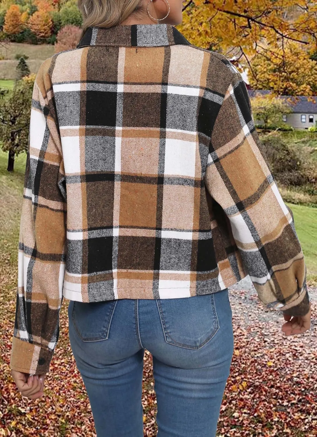 Women's Flannels Cropped Shacket Jacket Fashion Plaid Button Down Shirt 2025 Fall Coat Tops