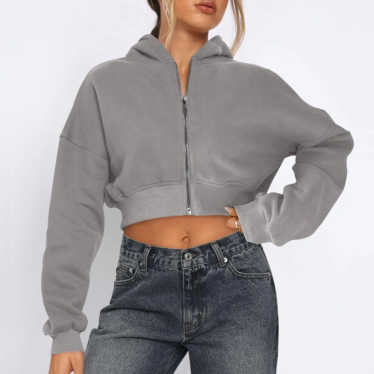 Womens Full Zip Up Hoodies Cropped Sweatshirts Fall Long Sleeve Fleece Jackets Casual Y2k Hooded Tops 2024