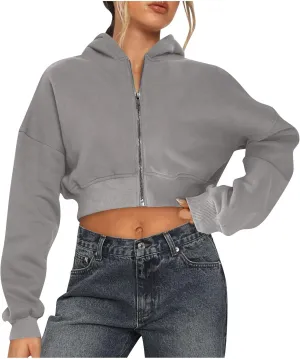 Womens Full Zip Up Hoodies Cropped Sweatshirts Fall Long Sleeve Fleece Jackets Casual Y2k Hooded Tops 2024