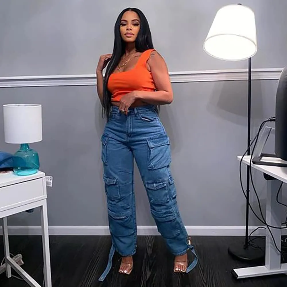 Womens High Waisted Baggy Cargo Jeans Straight Wide Leg Y2K Cargo Denim Pants with Flap Pockets