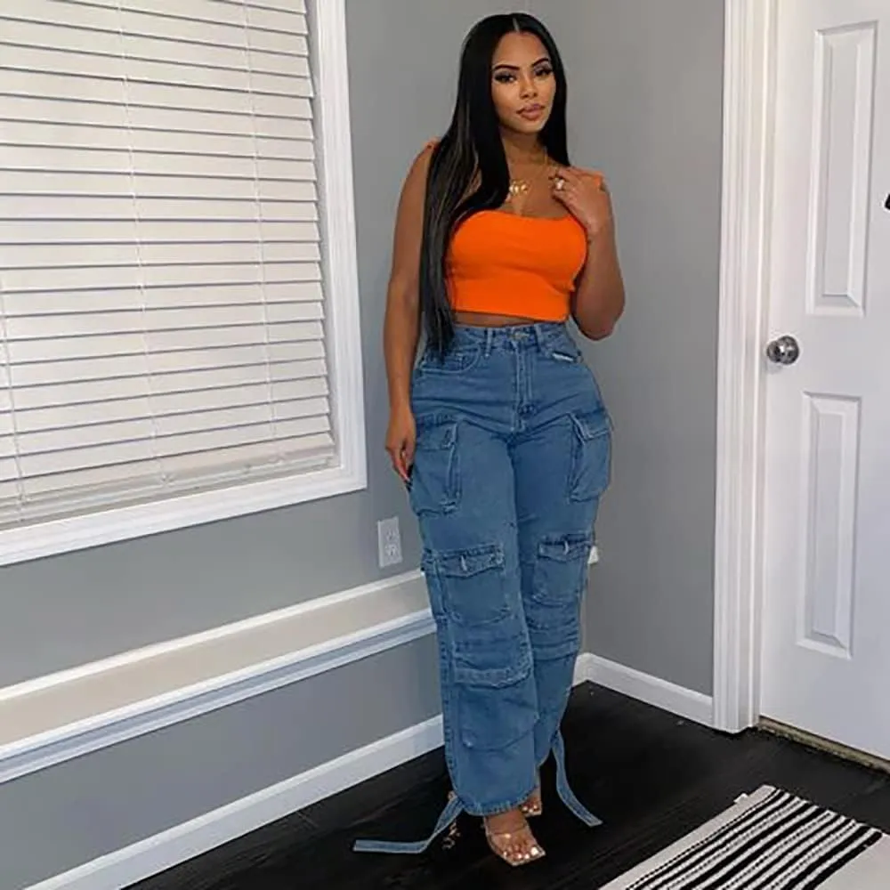 Womens High Waisted Baggy Cargo Jeans Straight Wide Leg Y2K Cargo Denim Pants with Flap Pockets