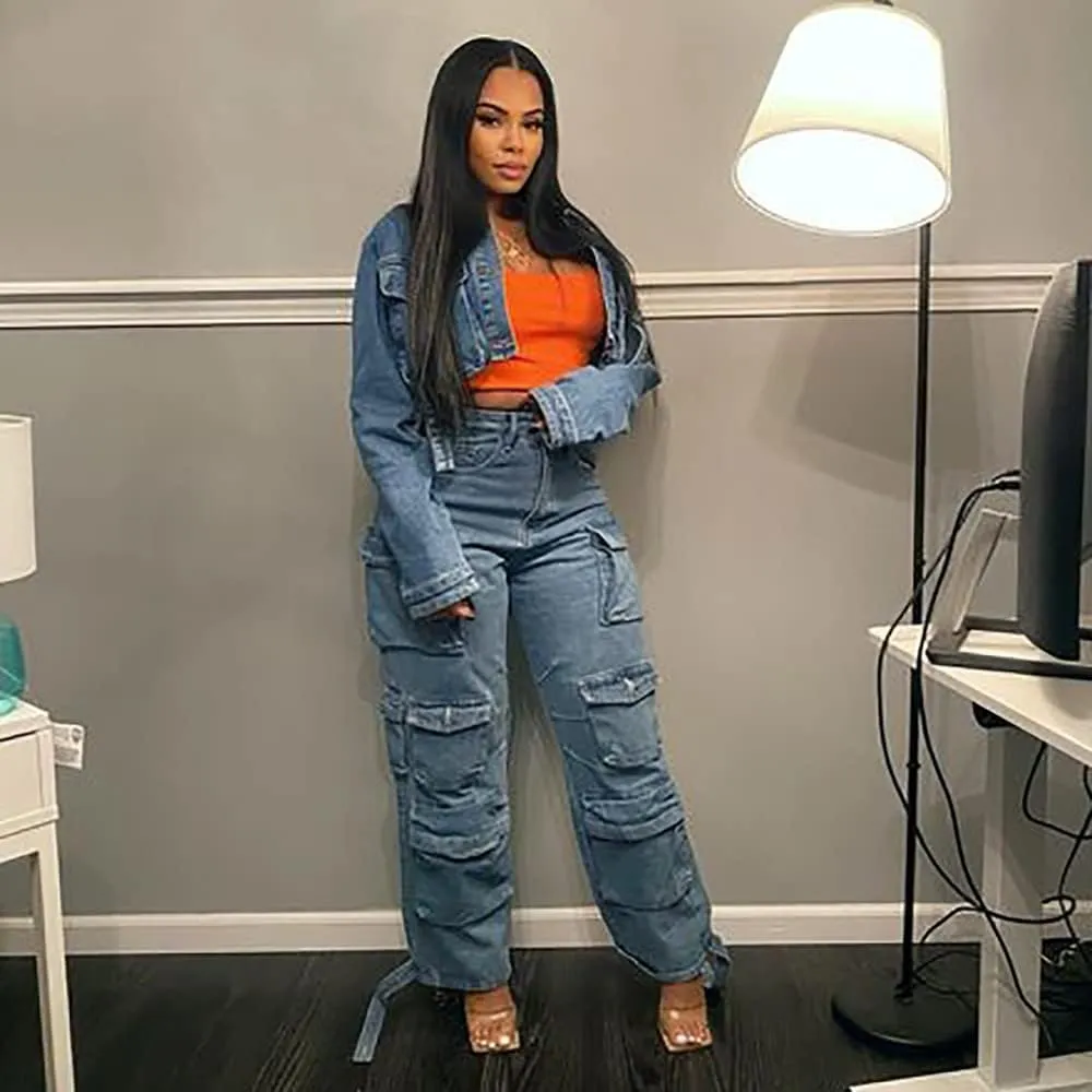 Womens High Waisted Baggy Cargo Jeans Straight Wide Leg Y2K Cargo Denim Pants with Flap Pockets