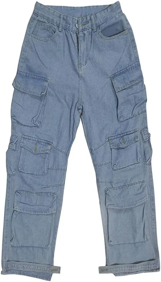 Womens High Waisted Baggy Cargo Jeans Straight Wide Leg Y2K Cargo Denim Pants with Flap Pockets