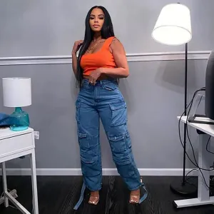 Womens High Waisted Baggy Cargo Jeans Straight Wide Leg Y2K Cargo Denim Pants with Flap Pockets