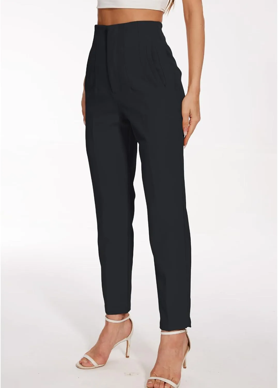 Women's High Waisted Pants - Straight Leg Dress Trousers with Pockets and Seam Design for Business Office Casual