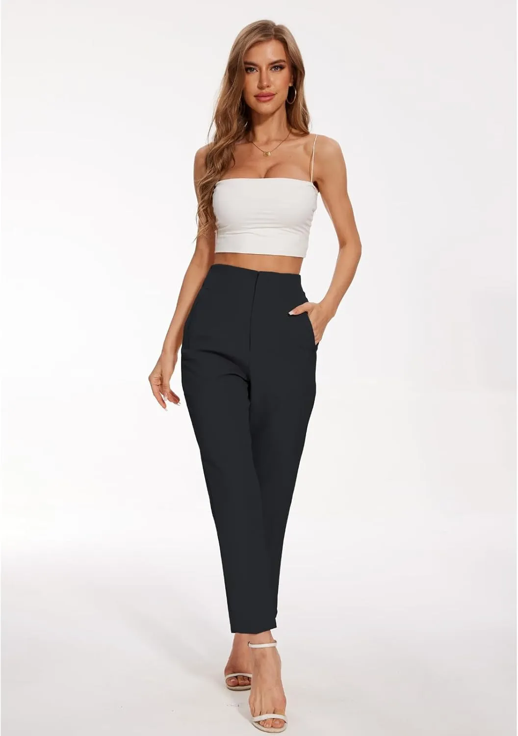 Women's High Waisted Pants - Straight Leg Dress Trousers with Pockets and Seam Design for Business Office Casual