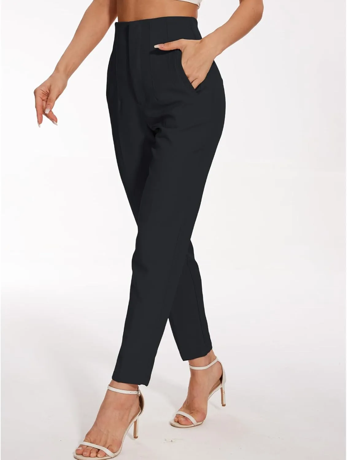 Women's High Waisted Pants - Straight Leg Dress Trousers with Pockets and Seam Design for Business Office Casual