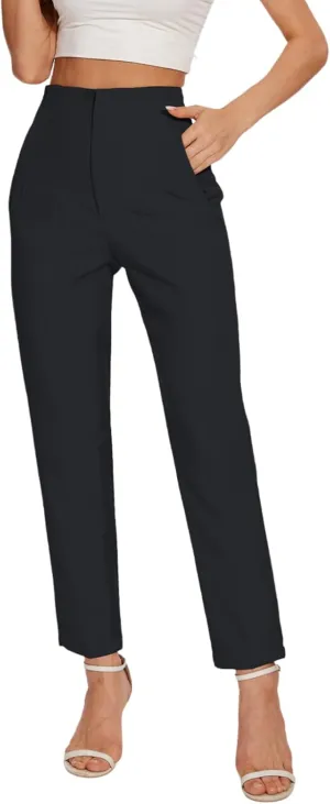 Women's High Waisted Pants - Straight Leg Dress Trousers with Pockets and Seam Design for Business Office Casual